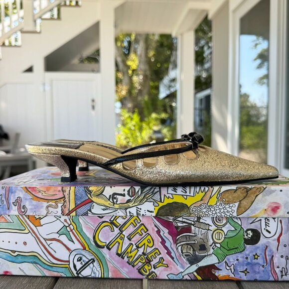 New Jeffrey Campbell Solitude Pointed Kitten Heels Mules Gold Black Womens 6.5 - Picture 12 of 16